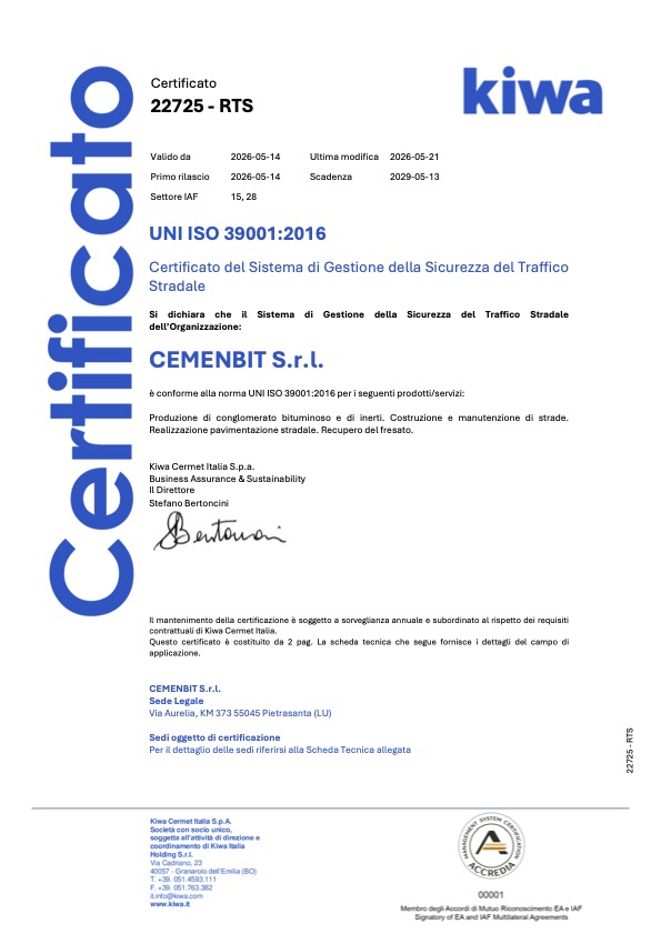 KIWA Certificato del Sistema di Gestione della Sicurezza del Traffico Stradale